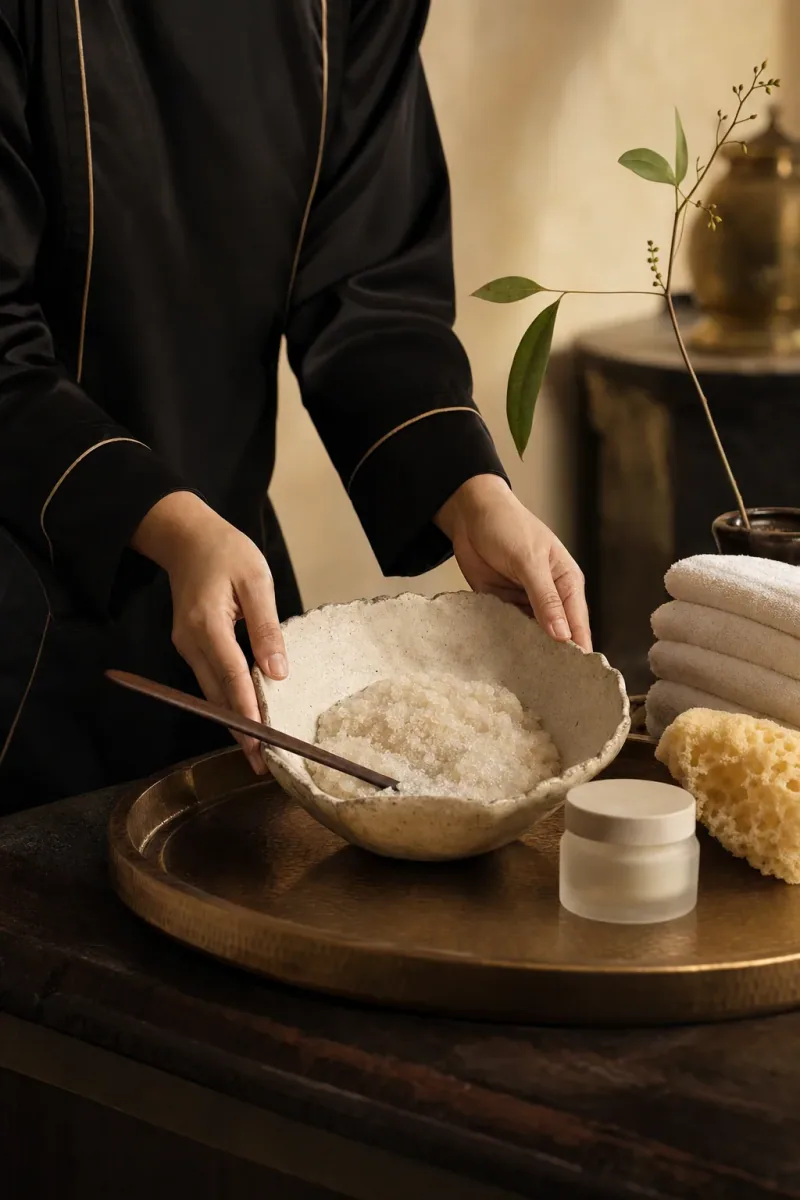 Therapist preparing a body scrub treatment ritual