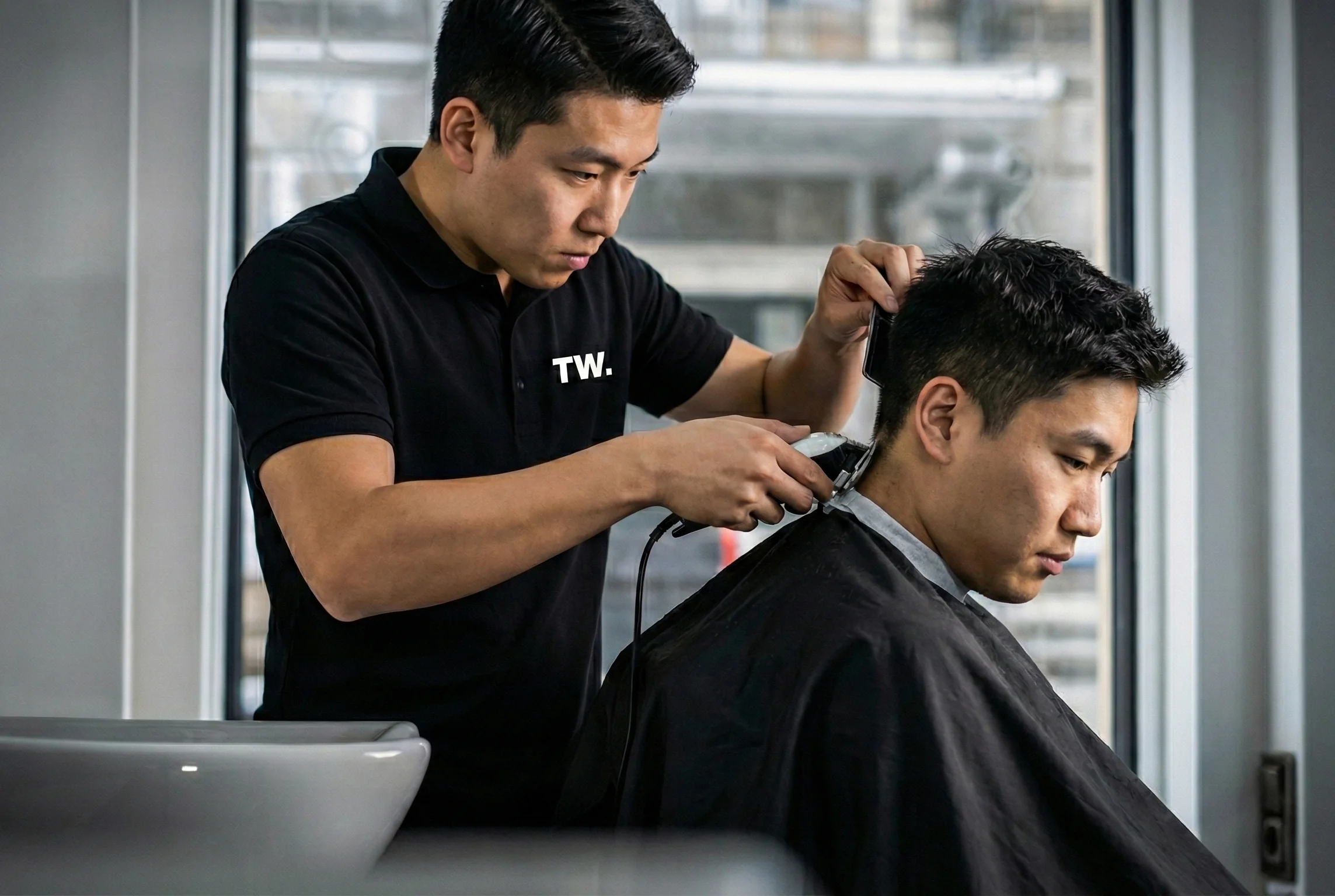 Twenty.Two Cut barber styling a guest in Bangkok