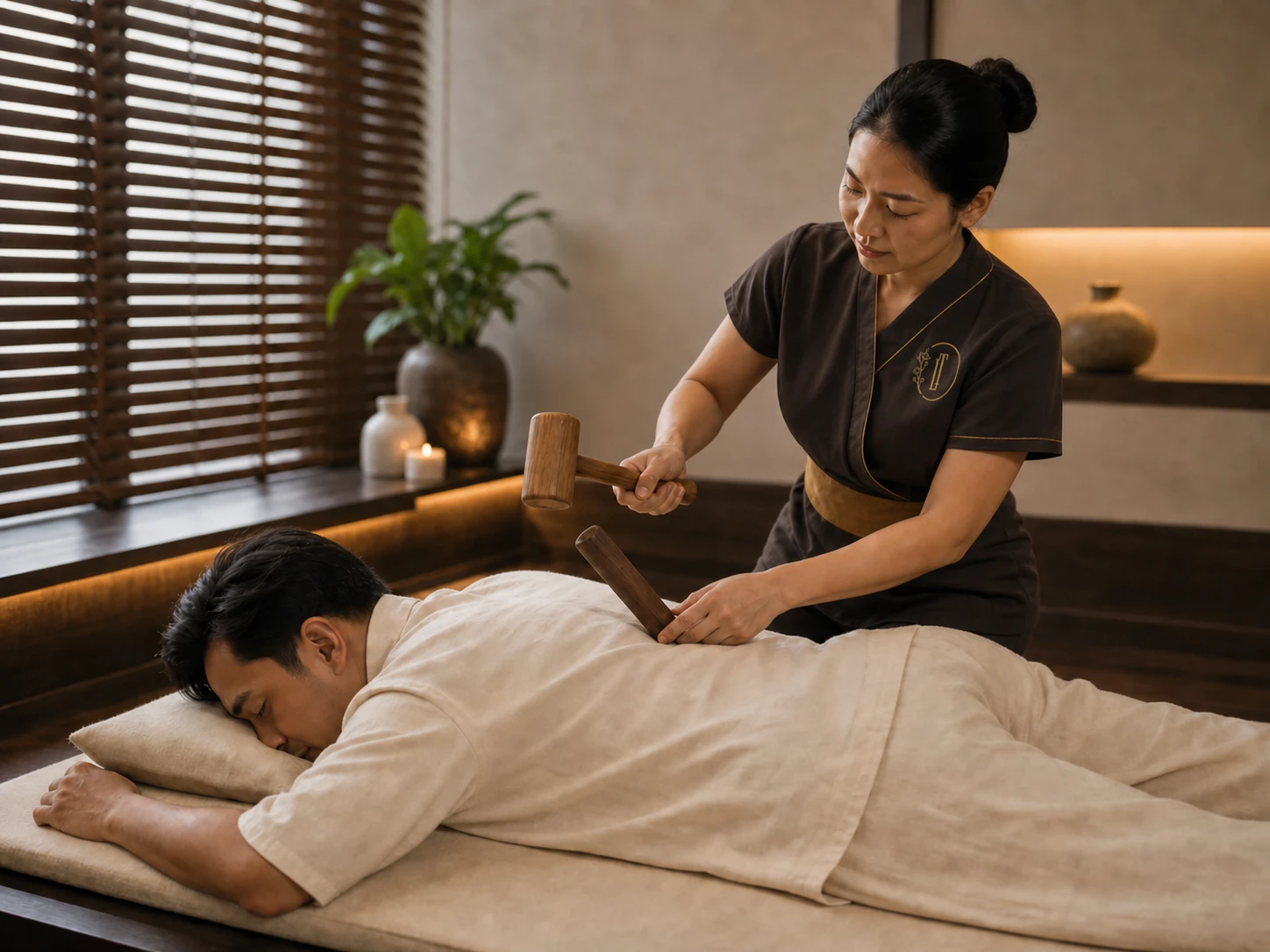 Tok Sen Massage with traditional wooden tapping tools at Loft Thai Spa Bangkok