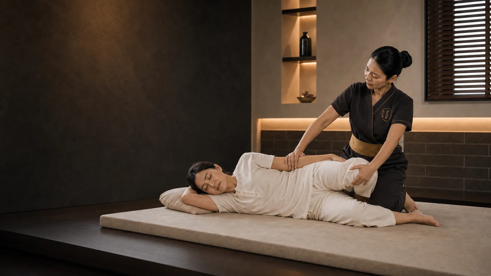 Loft Thai therapist guiding a comfortable side-lying hip and leg mobilisation