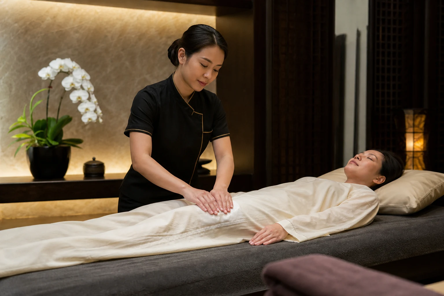 The service-specific massage or body-care technique in action with accurate anatomy and therapist hand placement for the Lymphatic Drainage Massage service at a Loft Thai-inspired Bangkok spa