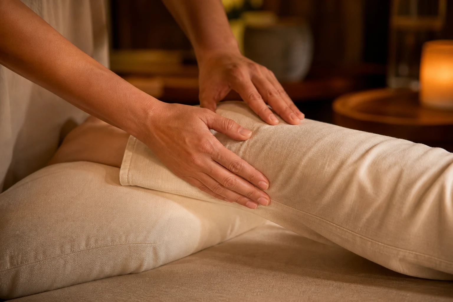A close editorial view of the defining hand movement, tool, stone, scrub or foot-care step for the Lymphatic Drainage Massage service at a Loft Thai-inspired Bangkok spa