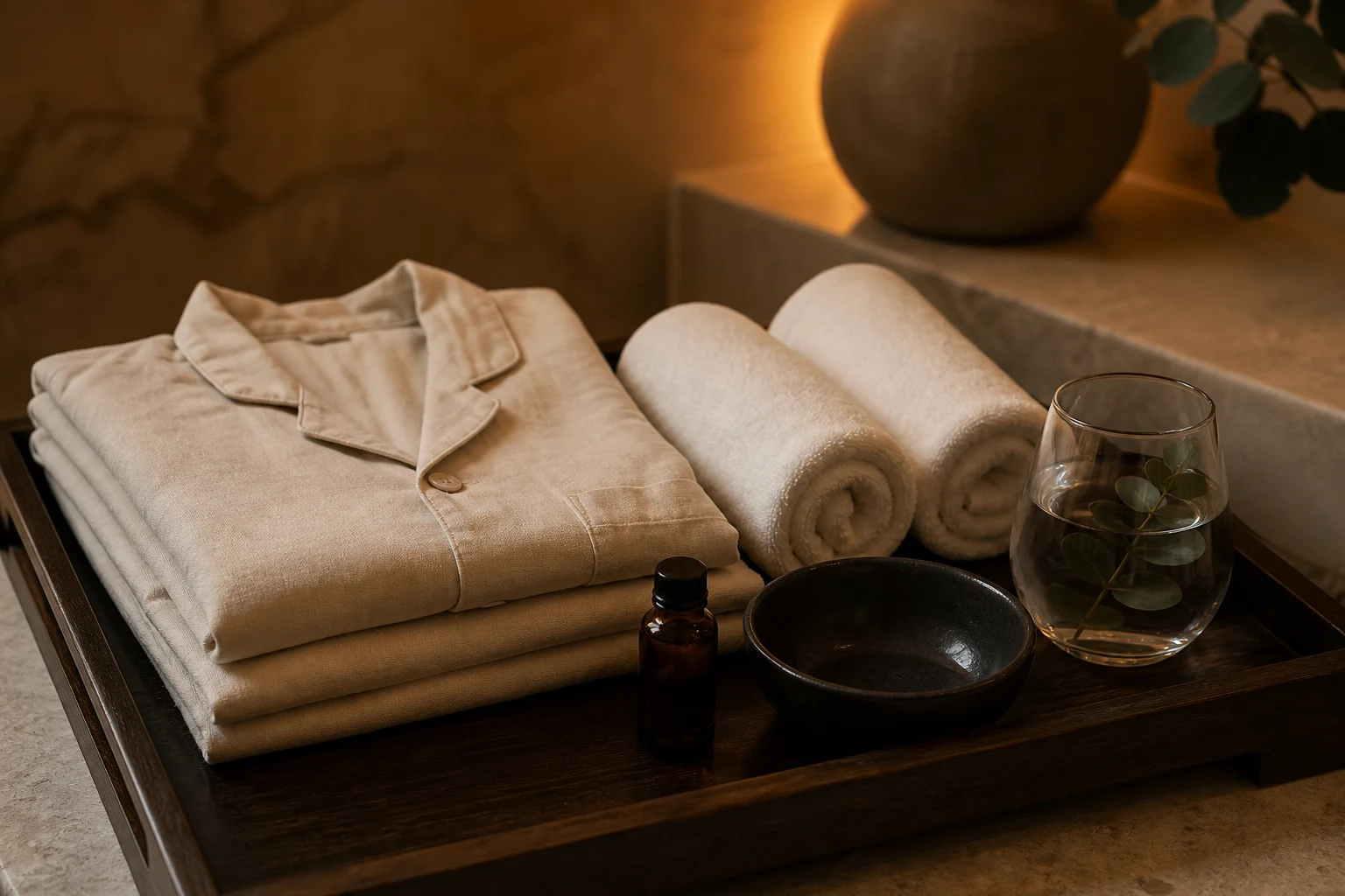 A still life of the service-specific oil, balm, stones, scrub, paraffin or grooming tools for the Lymphatic Drainage Massage service at a Loft Thai-inspired Bangkok spa