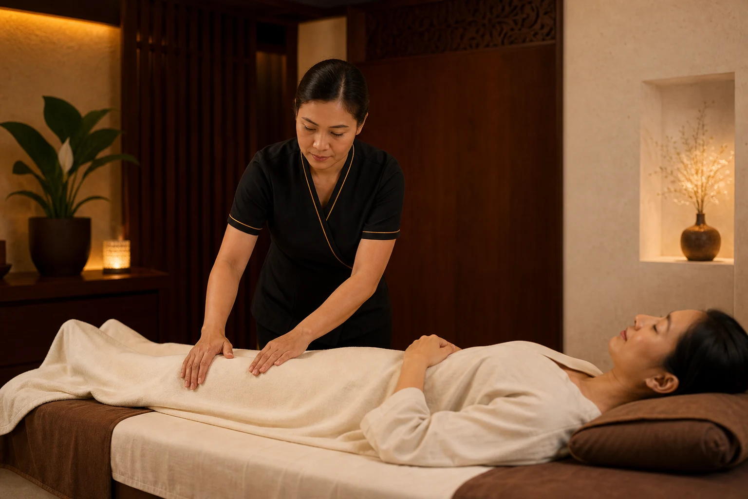 The calm final stage with warm towels, gentle closing strokes or moisturising care for the Lymphatic Drainage Massage service at a Loft Thai-inspired Bangkok spa