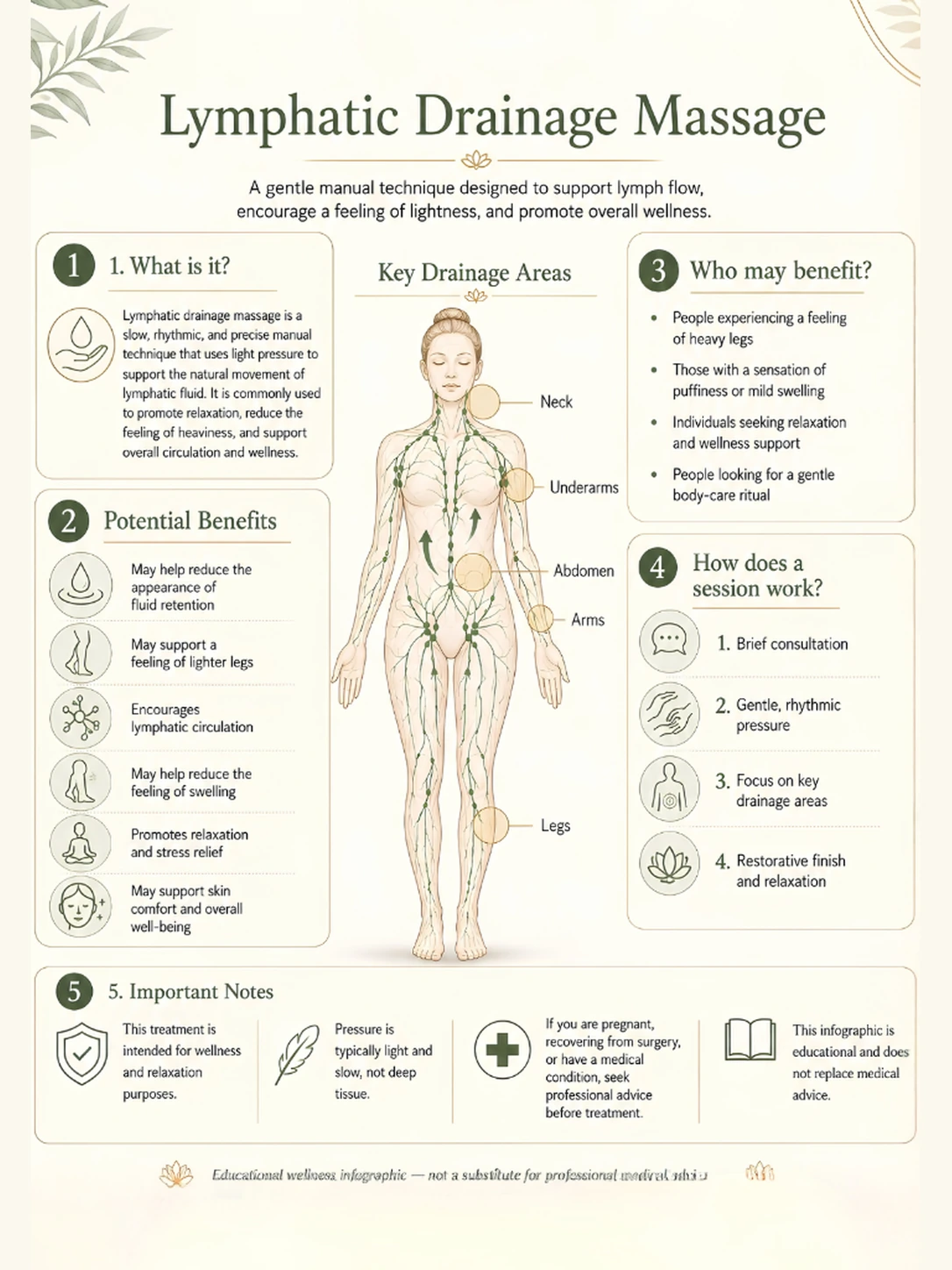 Educational lymphatic drainage massage infographic showing key drainage areas, potential wellness benefits, gentle session stages and safety notes