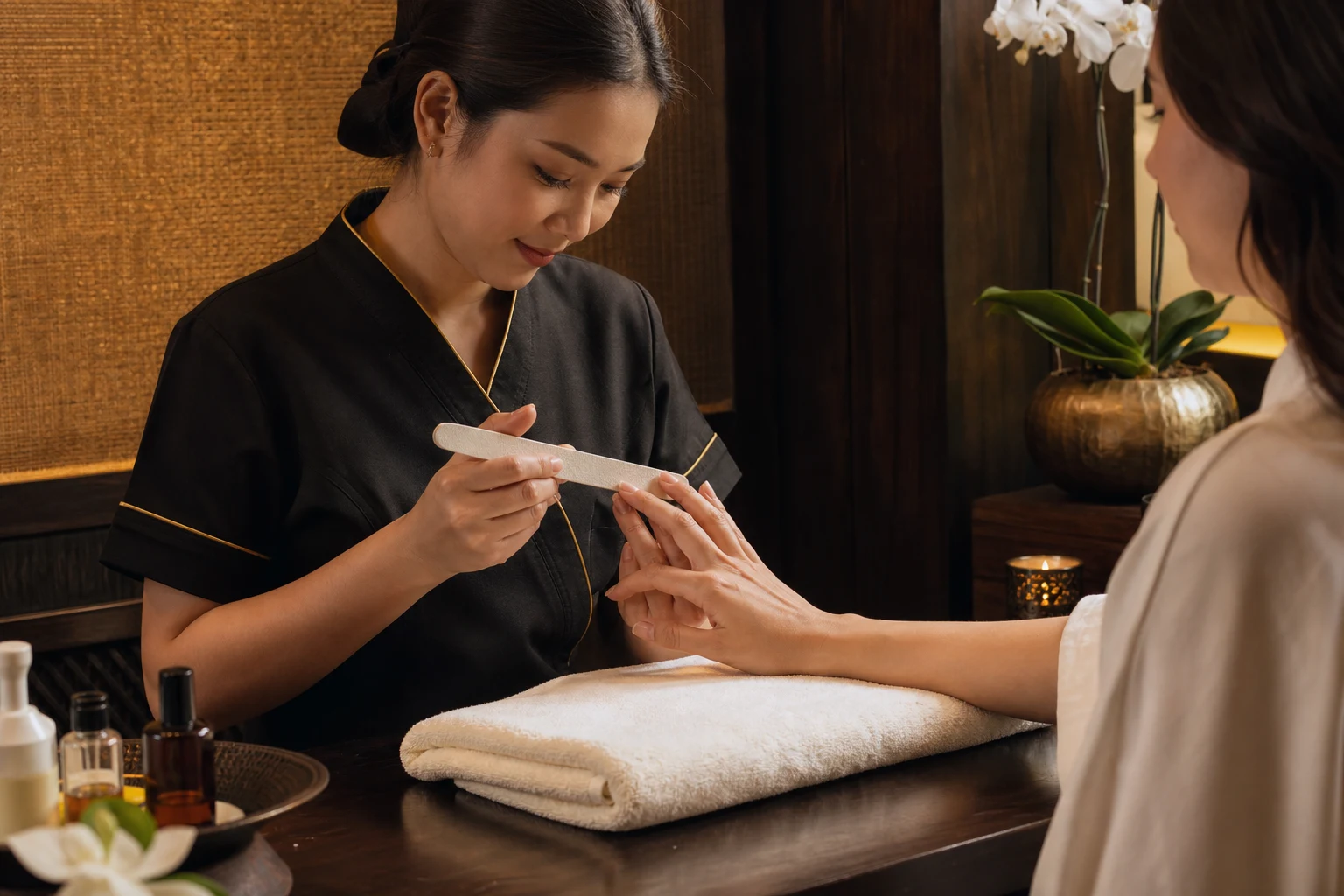The service-specific massage or body-care technique in action with accurate anatomy and therapist hand placement for the Manicure & Pedicure service at a Loft Thai-inspired Bangkok spa