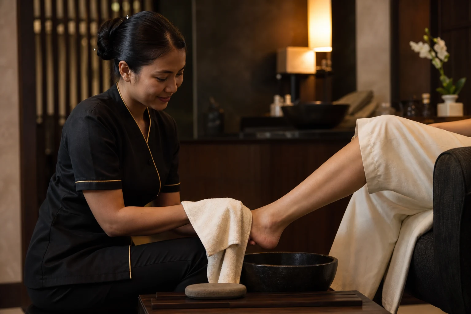 A close editorial view of the defining hand movement, tool, stone, scrub or foot-care step for the Manicure & Pedicure service at a Loft Thai-inspired Bangkok spa