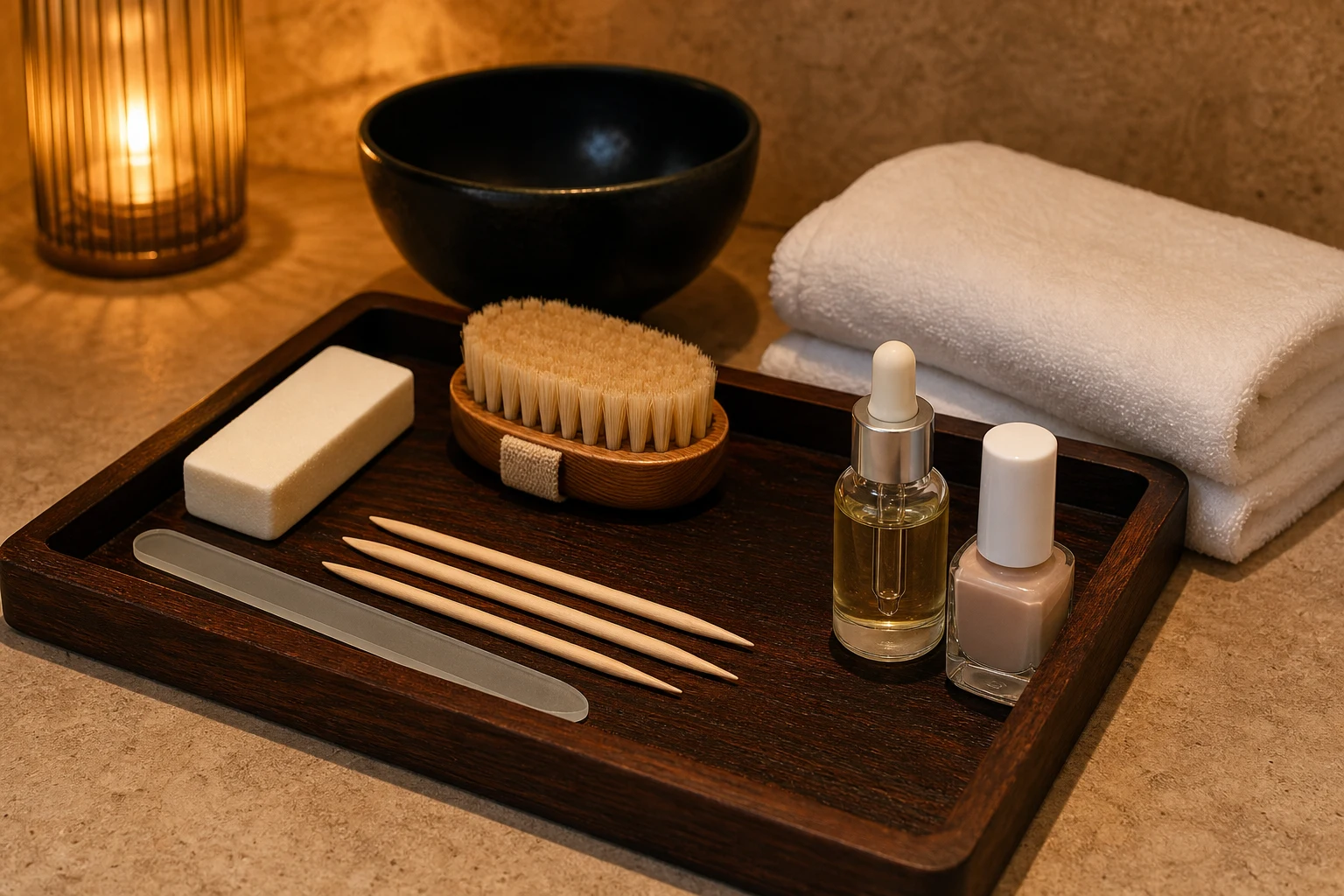 A still life of the service-specific oil, balm, stones, scrub, paraffin or grooming tools for the Manicure & Pedicure service at a Loft Thai-inspired Bangkok spa