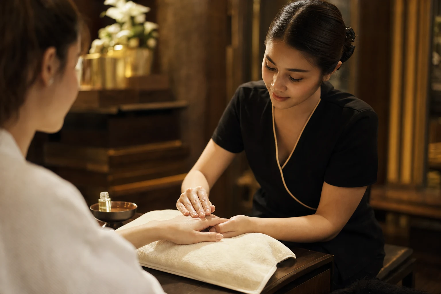 The calm final stage with warm towels, gentle closing strokes or moisturising care for the Manicure & Pedicure service at a Loft Thai-inspired Bangkok spa