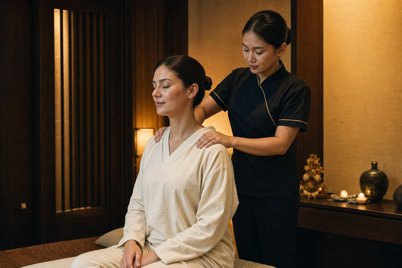 The service-specific massage or body-care technique in action with accurate anatomy and therapist hand placement for the Office Syndrome Massage service at a Loft Thai-inspired Bangkok spa