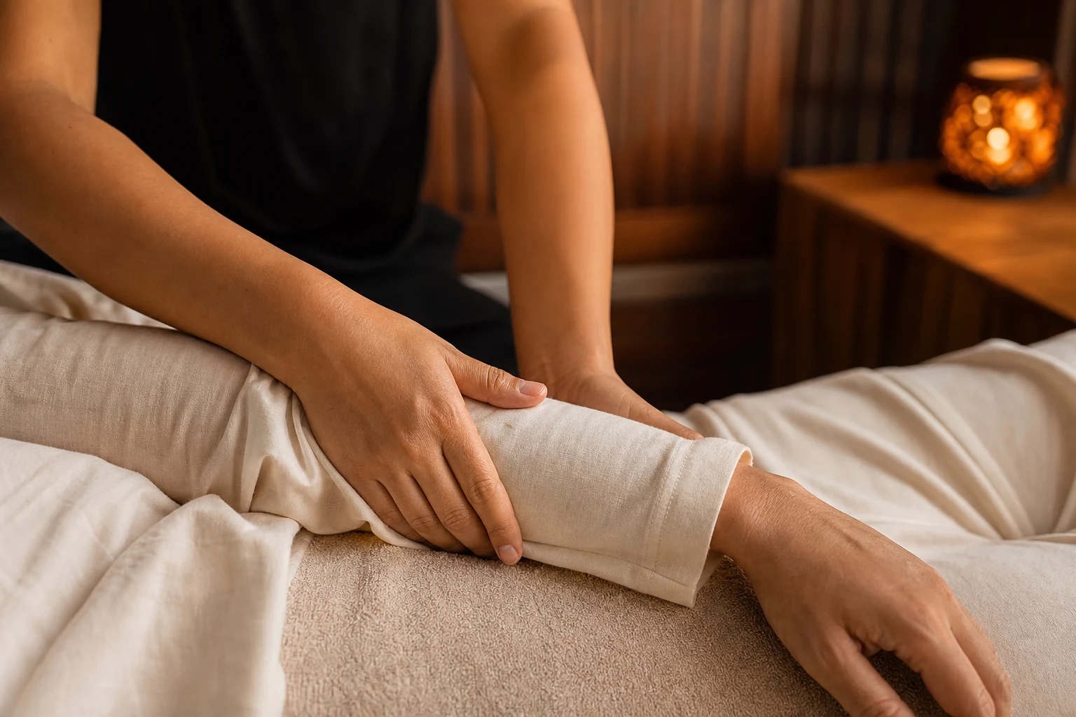 A close editorial view of the defining hand movement, tool, stone, scrub or foot-care step for the Office Syndrome Massage service at a Loft Thai-inspired Bangkok spa