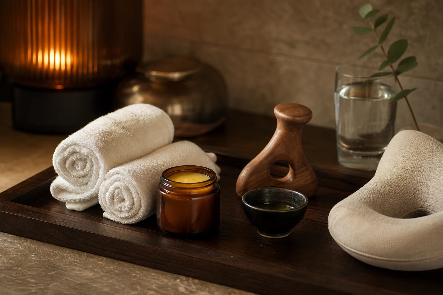 A still life of the service-specific oil, balm, stones, scrub, paraffin or grooming tools for the Office Syndrome Massage service at a Loft Thai-inspired Bangkok spa