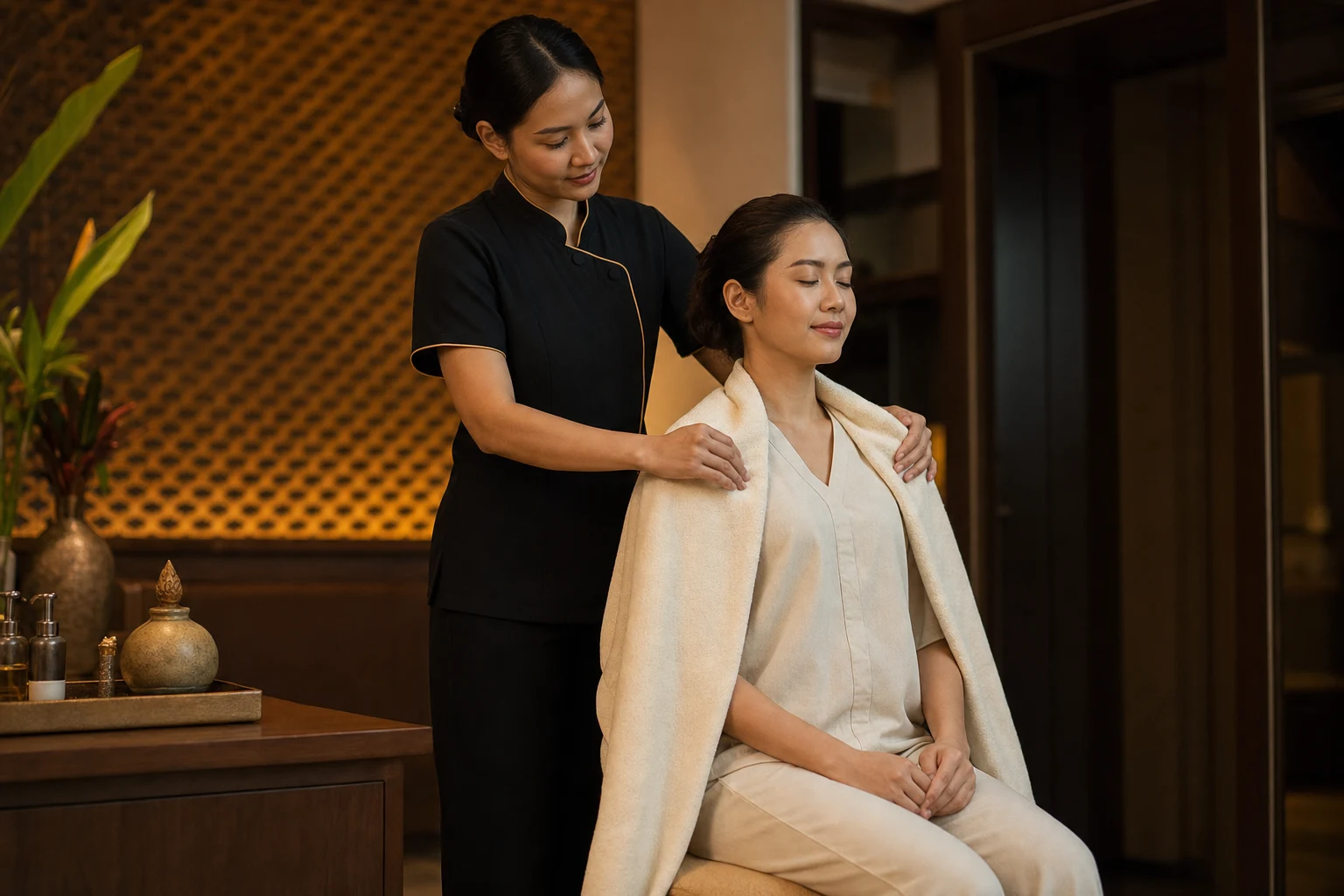 The calm final stage with warm towels, gentle closing strokes or moisturising care for the Office Syndrome Massage service at a Loft Thai-inspired Bangkok spa