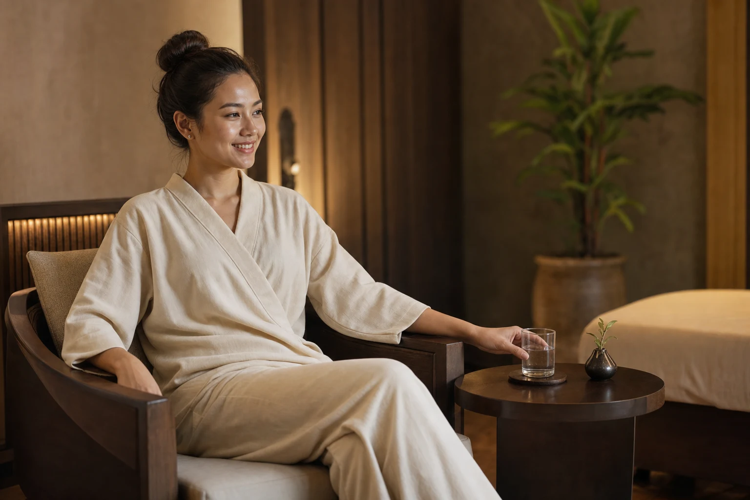 A relaxed fictional adult guest after the service with tea and a warm private-spa atmosphere for the Office Syndrome Massage service at a Loft Thai-inspired Bangkok spa