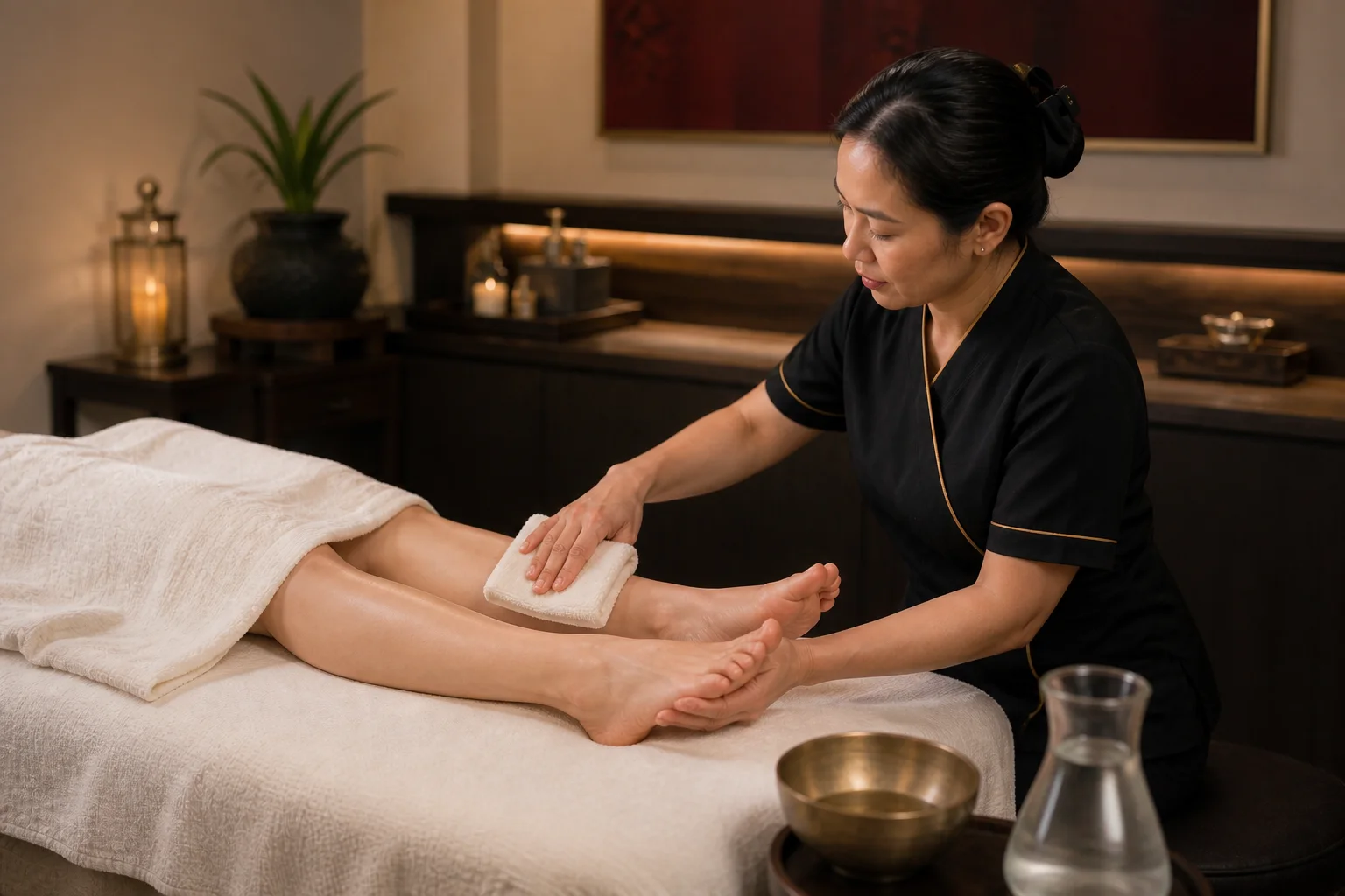Fictional adult guest receiving a cool compress on intact lower-leg skin during Sunburn Recovery at Loft Thai Spa Bangkok